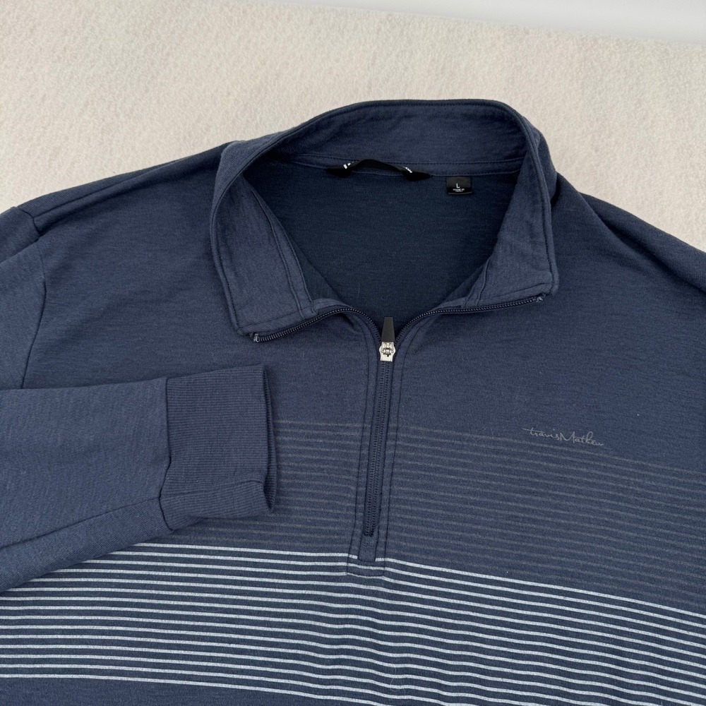 TravisMathew Men L NavyBlue Striped Quarter Zip Pullover Golf Sweater Athleisure